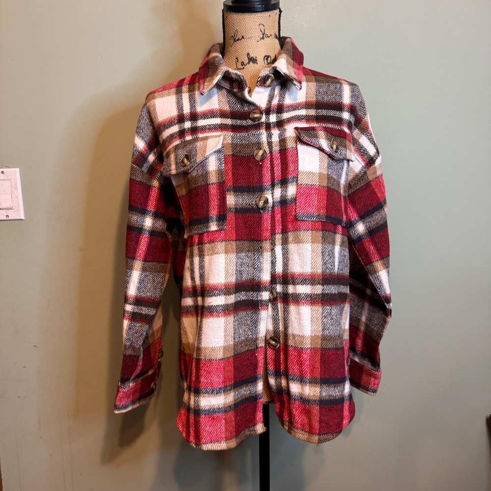 Miholl Plaid Flannel Shacket Red Tan White Button Up Small